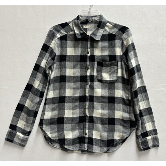 Hollister women size S button up long sleeve shirt flannel black white plaid - Picture 1 of 8